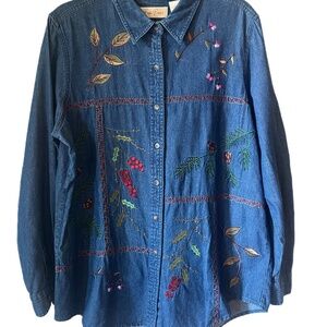 Bobbie Brooks Denim Shacket Festive Holiday Blouse Top embroidered